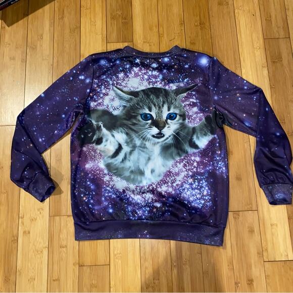 Amazing SuperCat Galaxy Cat Sweatshirt Size Large  Front Back Graphic Top - Picture 4 of 5